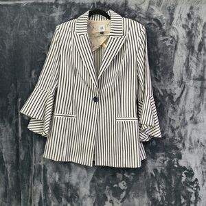CAbi White Blazer with Black Pinstripes and Ruffle Sleeves